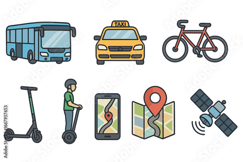 Urban mobility icons representing diverse city transportation options and navigation technology including bus, taxi, bike, scooter, segway, GPS apps, map, and satellite in modern vector cartoon style