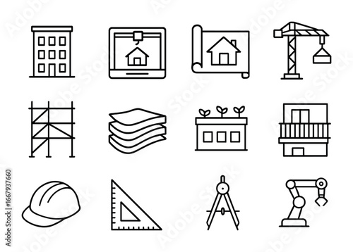 Urban Housing Icons. Outline icon set of Innovative urban housing: apartment building, 3D printer, blueprint,