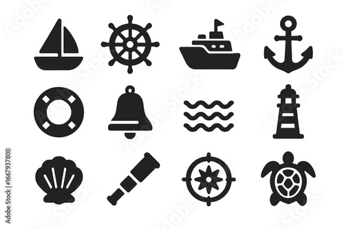 Nautical marine solid icon set. Sea navigation, adventure and travel symbols. Vector collection with sailboat, anchor, lighthouse, helm, compass, ship, turtle icons.