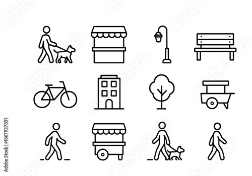 City Market Walk Icons. Outline icon set of Dog walk in city market area: person, dog, leash, market stall,