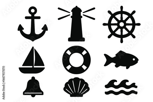 Nautical silhouette icon set. Marine sea symbols. Vector graphic elements. Anchor, lighthouse, helm, ship wheel, sailboat, lifebuoy, fish, shell, wave. Maritime collection.