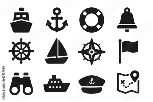 Navigation and maritime solid glyph icon set. Nautical symbols collection for sea travel, sailing and boating. Vector illustration includes ship, anchor, helm, lifebuoy, map.