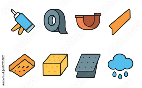 Weatherproofing Icons for Kids. Flat vector mini-illustrations weatherproofing the house exterior in colors