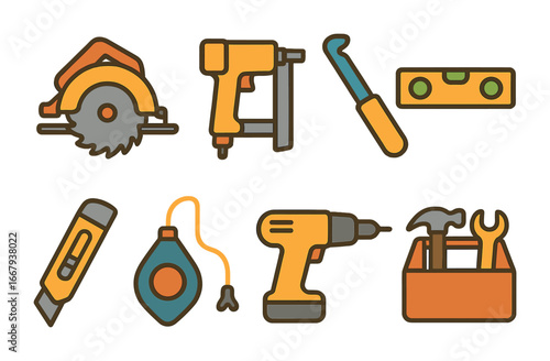 Siding Tool Icons. Flat vector mini-illustrations tools for siding replacement in colors children's