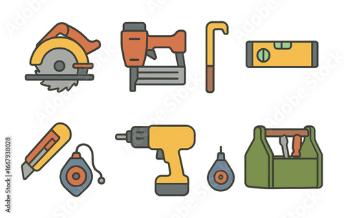 Siding Tool Icons. Flat vector mini-illustrations tools for siding replacement in colors children's