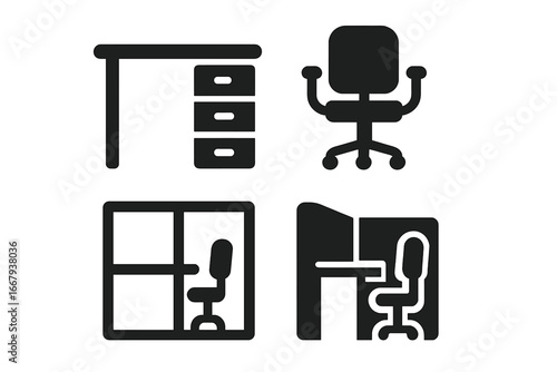 Office furniture solid icon set. Desk, chair, and cubicle icons for workplace and business concepts. Vector glyph symbols for corporate workspace organization and interior design.