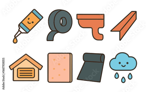 Weatherproofing Icons for Kids. Flat vector mini-illustrations weatherproofing the house exterior in colors