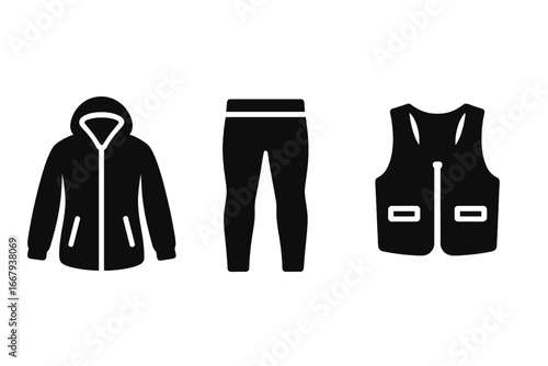 Outdoor fitness gear solid icon set. Sportswear clothing symbols for running, workout. Vector illustration of windbreaker jacket, thermal leggings, and running vest pictogram.