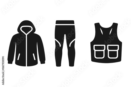 Outdoor fitness gear glyph icons set. Sportswear for running and hiking. Windbreaker, thermal leggings, running vest. Active lifestyle apparel solid silhouette symbols.