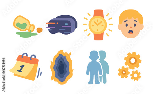 Whimsical Time Travel Adventure. Flat vector mini-illustrations accidental time travel in colors children's