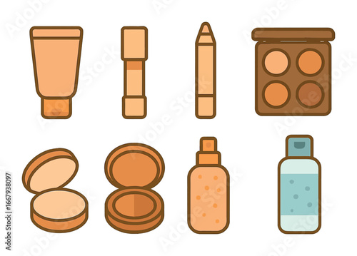 Makeup Essentials Icons. Flat vector mini-illustrations full-face makeup essentials in colors children's