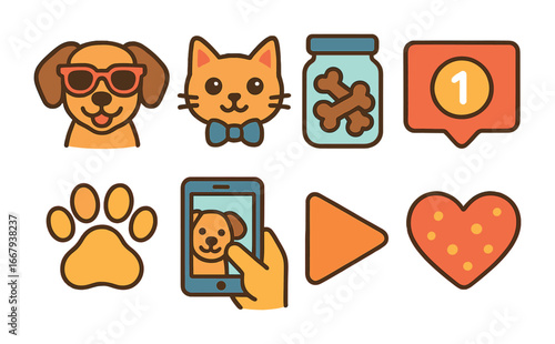 Pet Influencer Icons. Flat vector mini-illustrations pet influencers in colors children's illustrations: dog