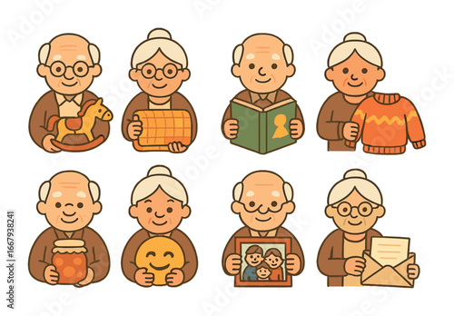 Grandparents' Gift Icons. Flat vector mini-illustrations grandparents giving gifts in colors children's