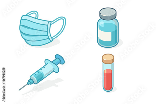 Pandemic health response icon set. Isometric medical mask, vaccine vial, syringe, blood test tube. Vector cartoon illustration. Covid, vaccination, immunization, prevention.