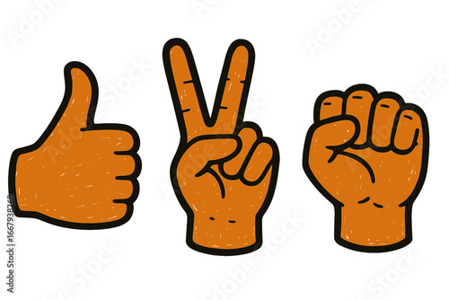 Hand gestures vector icon set. Thumbs up for like, peace or victory sign, and raised fist for power or protest. Cartoon illustration with paint texture. Social media symbols.