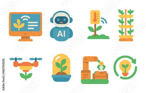 Future Farm Icons. Flat vector mini-illustrations future smart farms in colors children's illustrations: