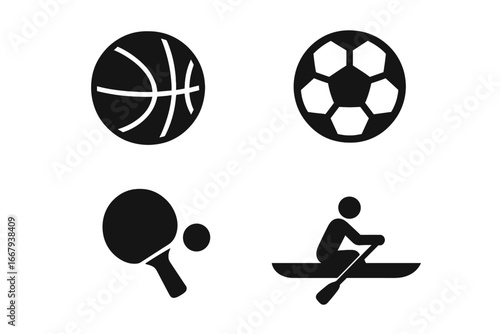 Sports and Recreation Silhouette Icon Set Featuring Basketball, Soccer, Table Tennis, and Rowing Boat Symbols, Vector Cartoon Style with Transparent Background, Set of 4