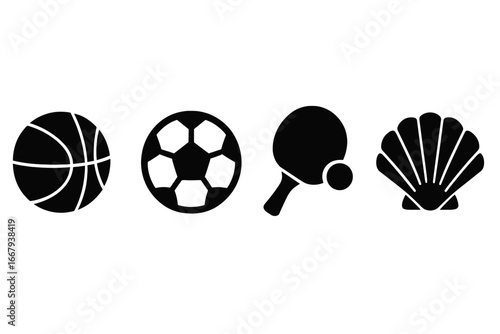 Sports and Recreation Silhouette Icon Set Featuring Basketball, Soccer Ball, Ping Pong Paddle with Ball, and Decorative Shell Vector Cartoon Illustration with Transparent Background