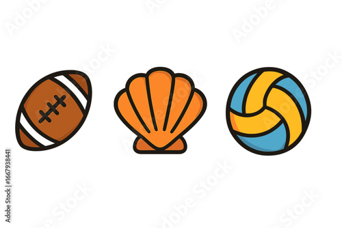 Sports and nature filled icon set with football, seashell, and volleyball icons; vibrant vector cartoon illustrations with transparent background; ordered collection for creative projects