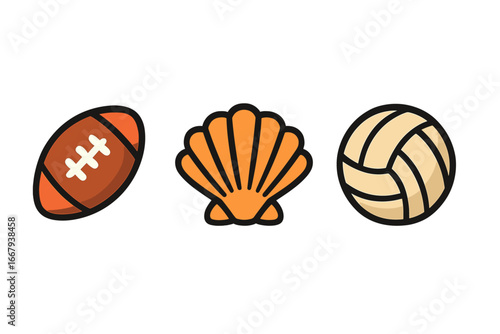 Sports and Nature Filled Icon Set with Football, Shell, Volleyball Cartoon Illustrations, Vector Collection of Outdoor and Athletic Symbols with Transparent Background
