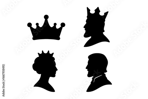 Royalty silhouettes vector set including crowned king, queen, royal crowns and noble profile icons in elegant black silhouette style, transparent background illustration, classic monarchy symbols