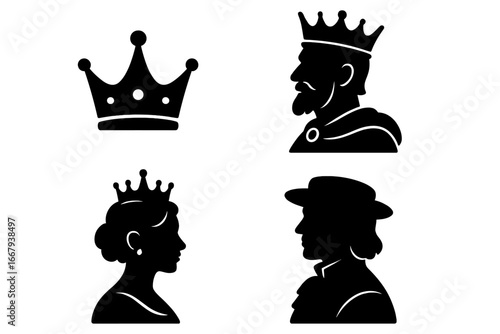 Royalty silhouette icon set with crown, king, queen, and noble symbols in elegant black vector style, cartoon illustration, transparent background, ordered set for regal themes and design