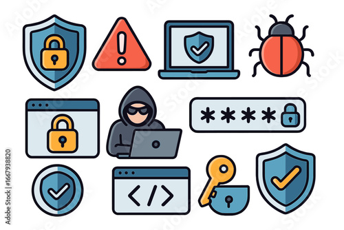 Security icons depicting digital protection, cyber threats, hacking, safe practices, password security, encryption, and cybersecurity concepts. Vector cartoon illustration on transparent background.