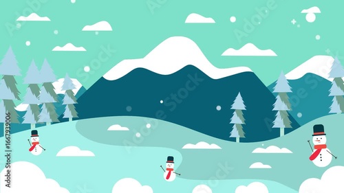 Animated christmas scene featuring a red car with a christmas tree on snow covered hills