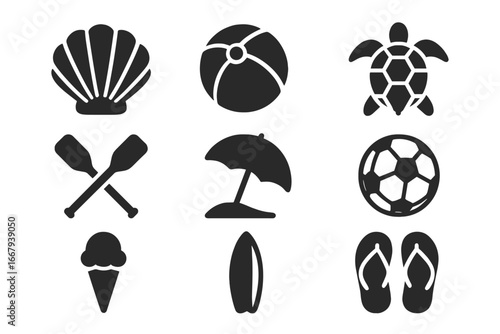 Sports and beach solid icon set with seashell, beach ball, turtle, oars, umbrella, soccer ball, ice cream cone, surfboard, and flip-flops. Vector cartoon illustration with transparent background.