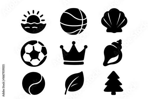 Sports and nature silhouette icon set with sea elements, balls, shells, and crown collection. Vector cartoon illustration with transparent background, ordered icons for design