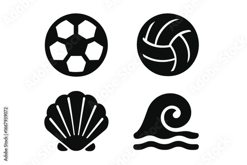 Solid sports and nature icon set including soccer ball, volleyball, seashell, and ocean wave, vector cartoon illustration with transparent background, organized themed collection