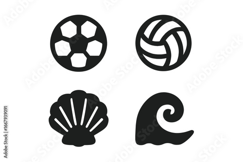Sports and Nature Solid Icon Set, Soccer Ball, Volleyball, Seashell and Ocean Wave Icons Collection, Vector Cartoon Illustration with Transparent Background, 4 Elements