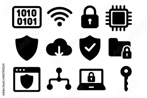 Technology and Security Icon Set, Digital Processor and Data Protection Symbols, Cybersecurity Vector Illustration, Secure Network and Cloud Download Icons, Privacy and Encryption Graphics