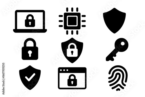 Technology Security Icon Set Digital Processor Data Protection Cybersecurity Lock Shield Key Fingerprint Vector Illustration Transparent Background