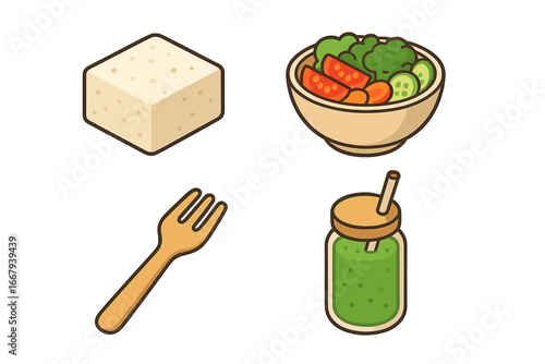 Isometric flat icon set of vegan meal prep ritual with tofu block, fresh veggie bowl, wooden fork and green smoothie jar, healthy plant-based food illustration, vector cartoon
