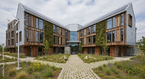 Sustainable architecture modern building with wood and green wall design