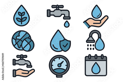 Water conservation filled icon set, save water resources with stylish water drop, faucet, hand holding water, water globe, water safety, water meter, shower, and calendar vector cartoon illustration