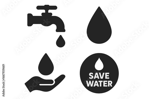 Water conservation solid icon set with faucet, water drops, hand catch, save water concepts in bold vector cartoon style, eco-friendly, environmental protection icons, transparent background
