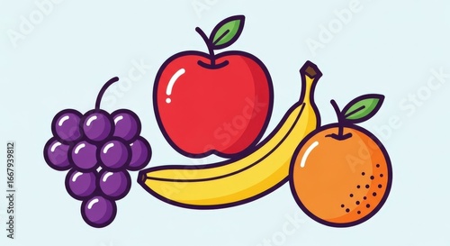 Colorful Cartoon Fruit Still Life: Apple, Banana, Grapes, Orange