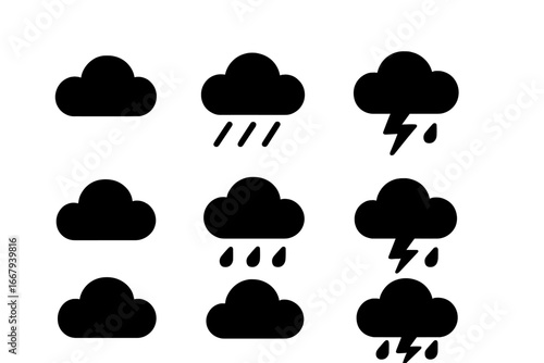 Weather silhouette icon set featuring clouds, rain, storm symbols. Vector cartoon illustration with transparent background. Ordered collection of weather forecast icons for design.