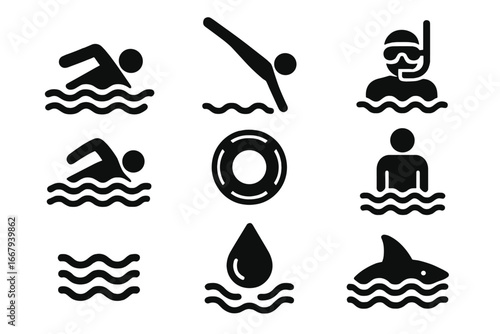 Water activities silhouette icon set with swimming, diving, snorkeling, aquatic symbols, life ring, water drop, shark fin, vector cartoon illustration collection for aquatic sports and beach leisure