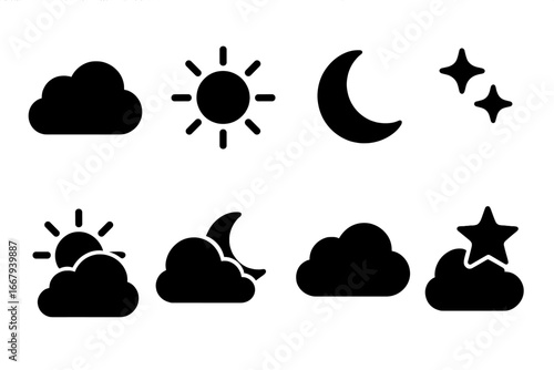 Weather silhouette icon set for apps and websites, clouds, sun, moon, stars, day and night weather symbols, vector cartoon illustration with transparent background, ordered set of 8