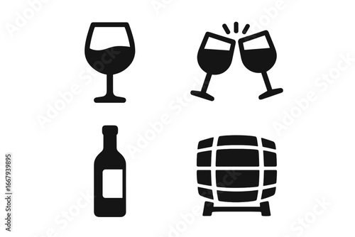 Solid wine and beverage icon set including drink glass, cheers clinking glasses, wine bottle, and barrel illustrations, vector cartoon style with transparent background, ordered set 3
