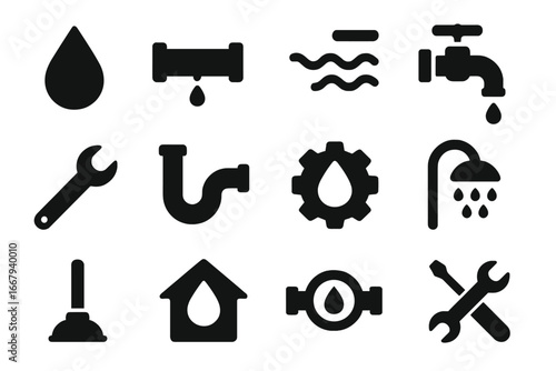 Water and plumbing solid icon set with leak, repair, drop-themed icons, faucet, wrench, pipe, shower, plunger, valve, and maintenance symbols. Vector cartoon illustration with transparent background.