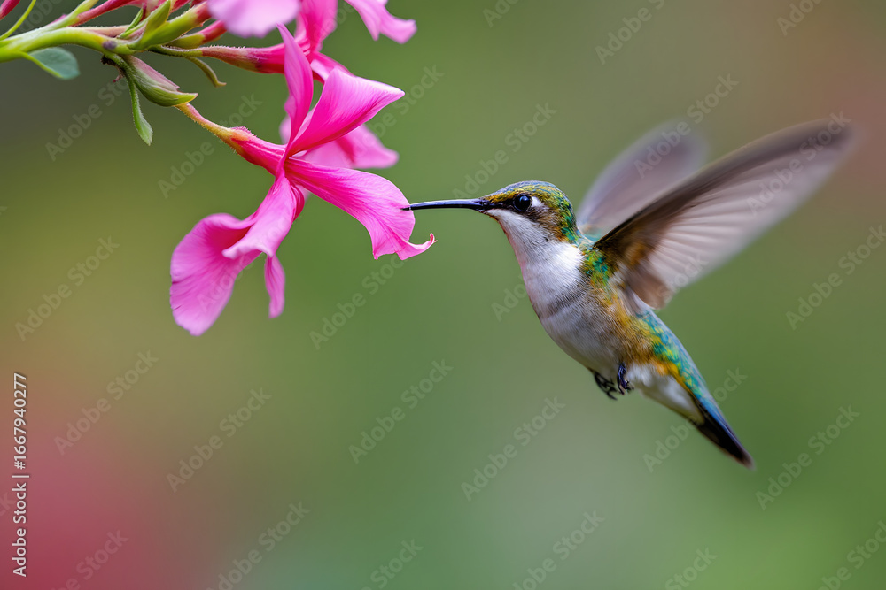 Fototapeta premium Hummingbird Sipping Nectar From Pink Flower in Flight Nature Photo