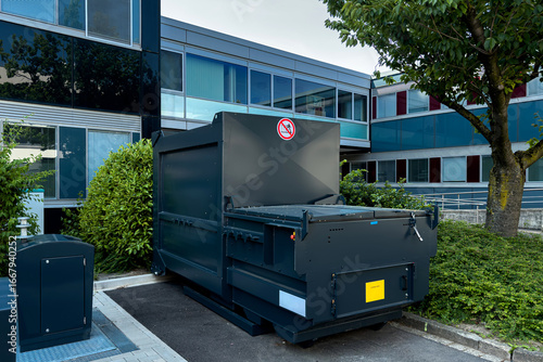 A large, dark dumpster is situated in front of a sleek, modern building surrounded by lush greenery. Its design contrasts with the contemporary architecture nearby, promoting cleanliness.