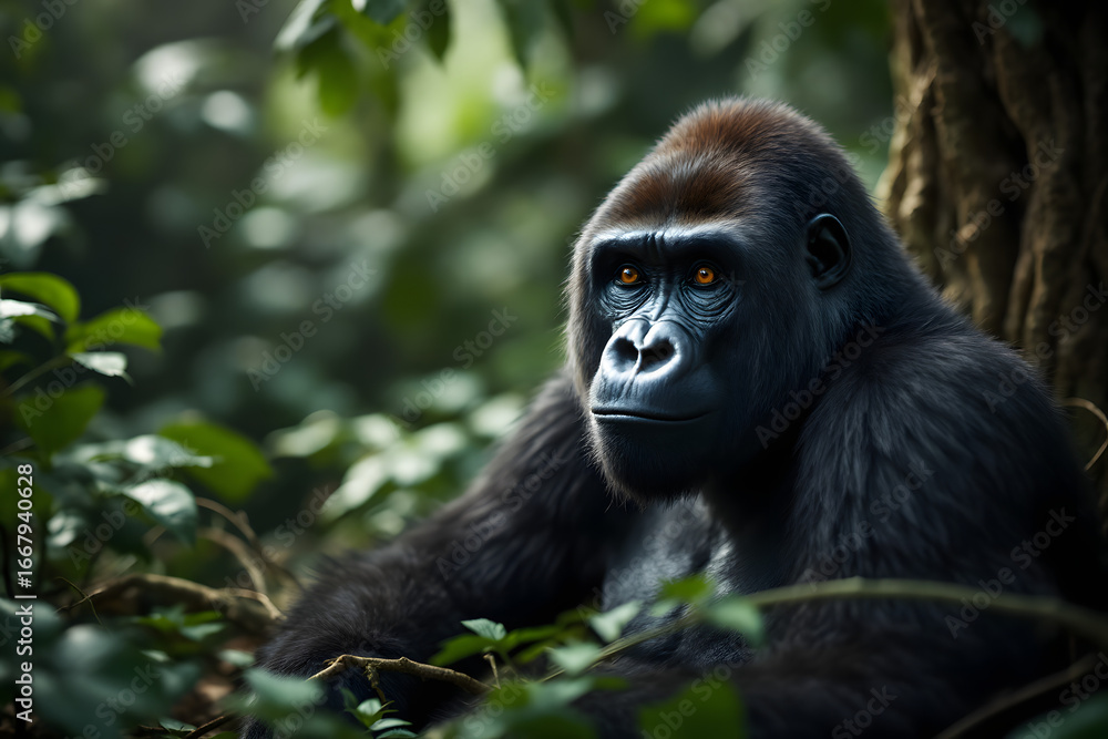 Fototapeta premium Majestic Gorilla Portrait in Lush Green Rainforest Environment