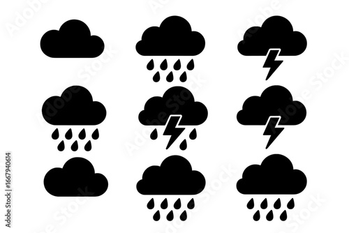 Weather silhouette icon set with clouds, rain, storm, thunderbolt symbols, black weather vector icons collection, cartoon style, transparent background, ordered set 4
