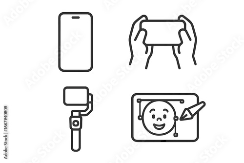 Mobile content creation line icon set. Vlogging, photography, graphic design symbols. Smartphone, hands holding phone, gimbal stabilizer, vector pen tool. UI UX pictogram.