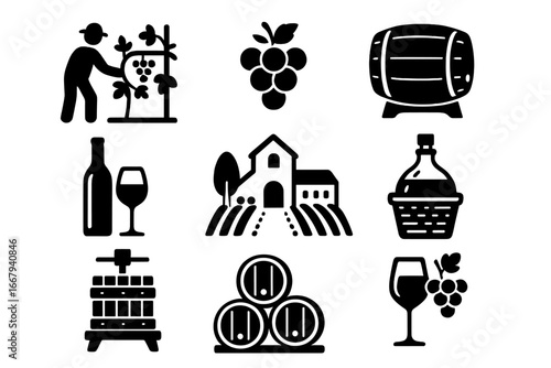 Wine making silhouette icon set with vineyard grapes, winery barrels, fermentation process, wine bottle and glass, grape harvesting, and distillation vector collection